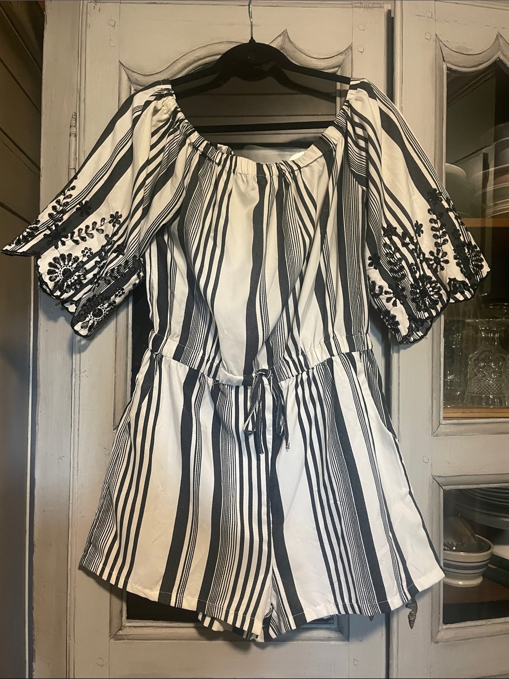 Striped Off-Shoulder Embroidered Sleeve Romper in Black & White